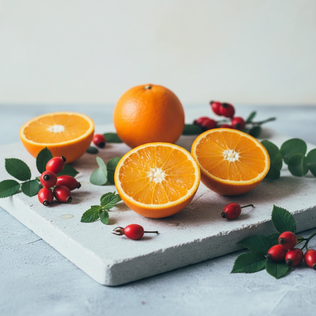 Appelsiineja ja ruusunmarjoja valkoisella kivipinnalla C-vitamiinin lähteinä